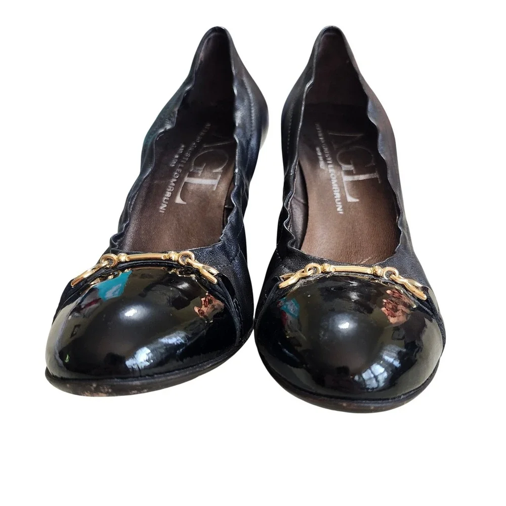 AGL Attilio Giusti Leombruni Wedge Pumps Women 36.5 Black Leather Patent Cap Toe